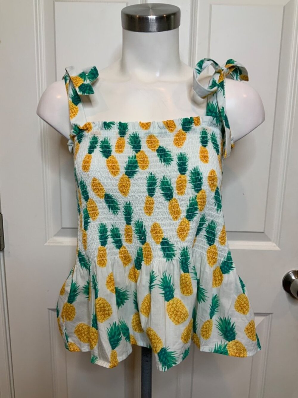 J.Crew White Smocked Pineapple Print Tie-Strap Tank Top, Size M